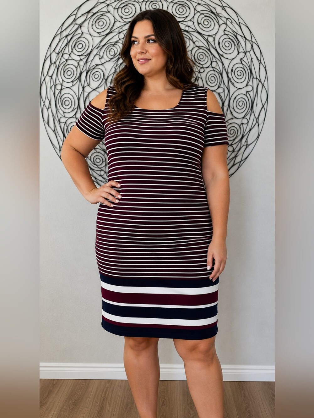 Tommy Hilfiger Burgundy Navy White Striped Dress Size 14P Classic Chic